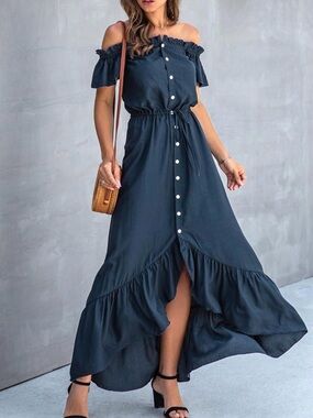 KIRUNDO Women’s Off Shoulder Ruffle Button Down High Low Hem Maxi Dress L